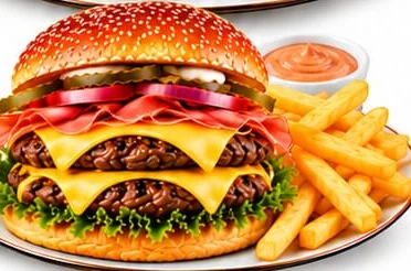 Lakcheriburger mit doppeltem Rindfleisch, Pommes frites und Cocktailsauce