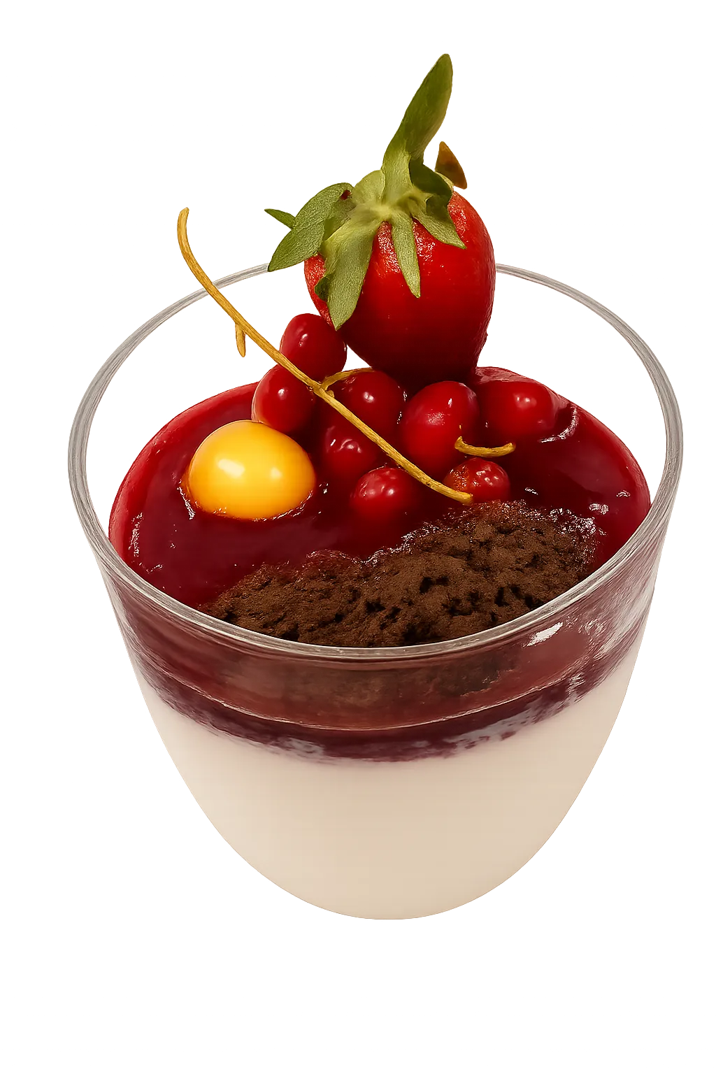 Frisch zubereitetes Schichtdessert im Glas mit Beeren und Kakaocrunch